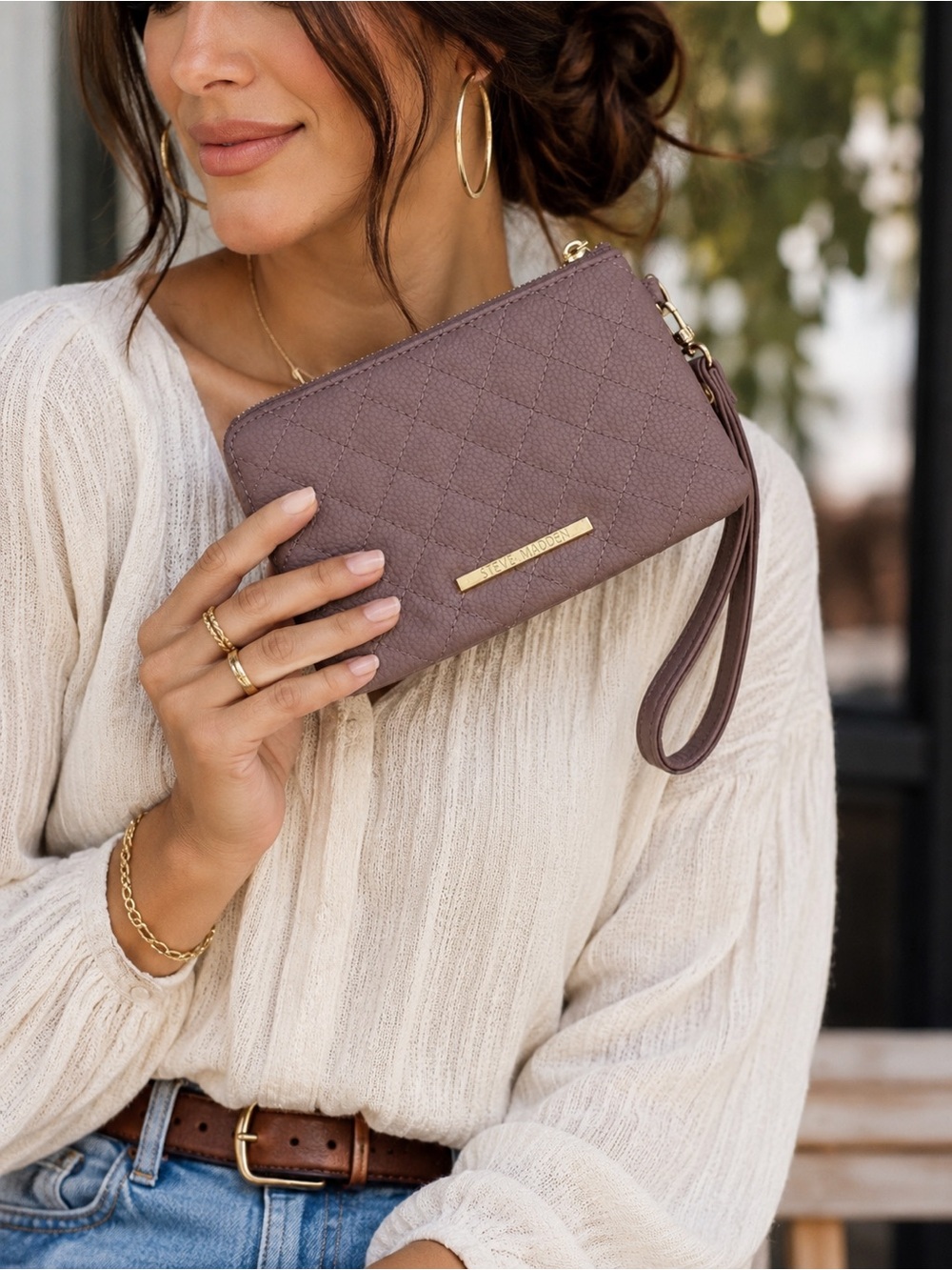 Steve Madden Quilted Wristlet Clutch Wallet Taupe Gold Zip Pouch Chic Bag Neutra